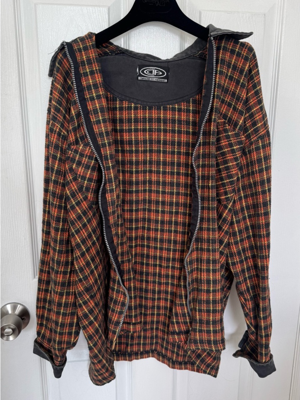 Orange & Black Plaid Zip Flannel/Denim Shirt (L)